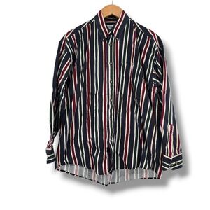 Tribute Mens Multi Stripe Button Down Shirt Navy Burgundy Green Cotton Medium